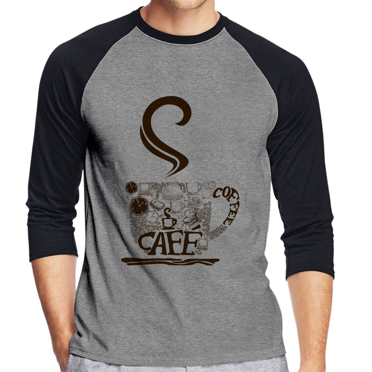 Camiseta Raglan Café Coffee Manga 3/4 - Cinza/Preto