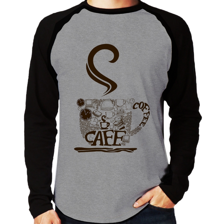 Camiseta Raglan Café Coffee Manga Longa - Cinza/Preto