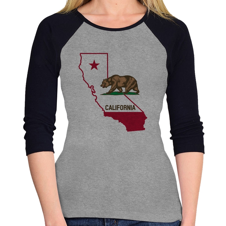 Baby Look Raglan Califórnia Manga 3/4 - Cinza/Preto