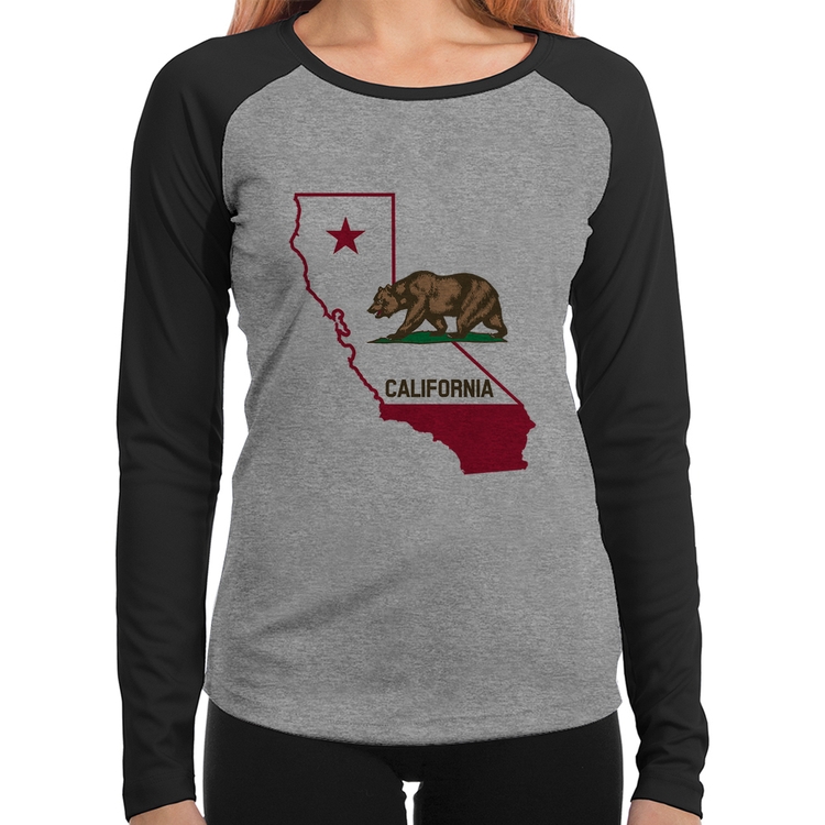 Baby Look Raglan Califórnia Manga Longa - Cinza/Preto