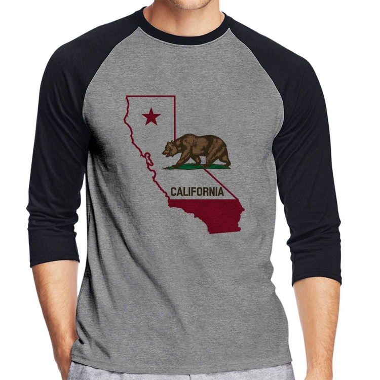 Camiseta Raglan Califórnia Manga 3/4 - Cinza/Preto