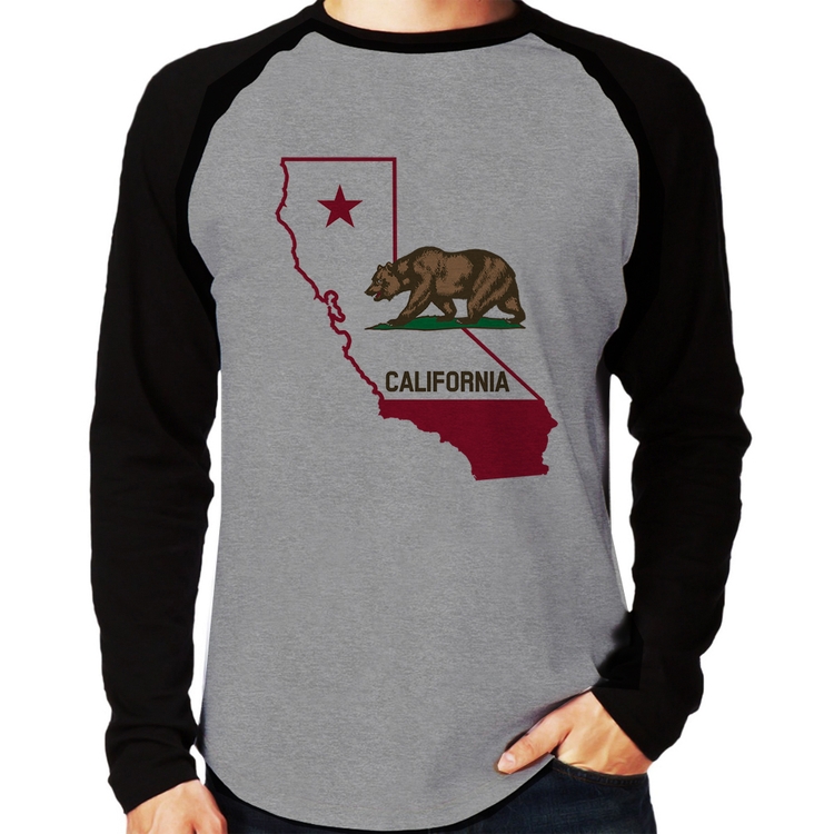 Camiseta Raglan Califórnia Manga Longa - Cinza/Preto