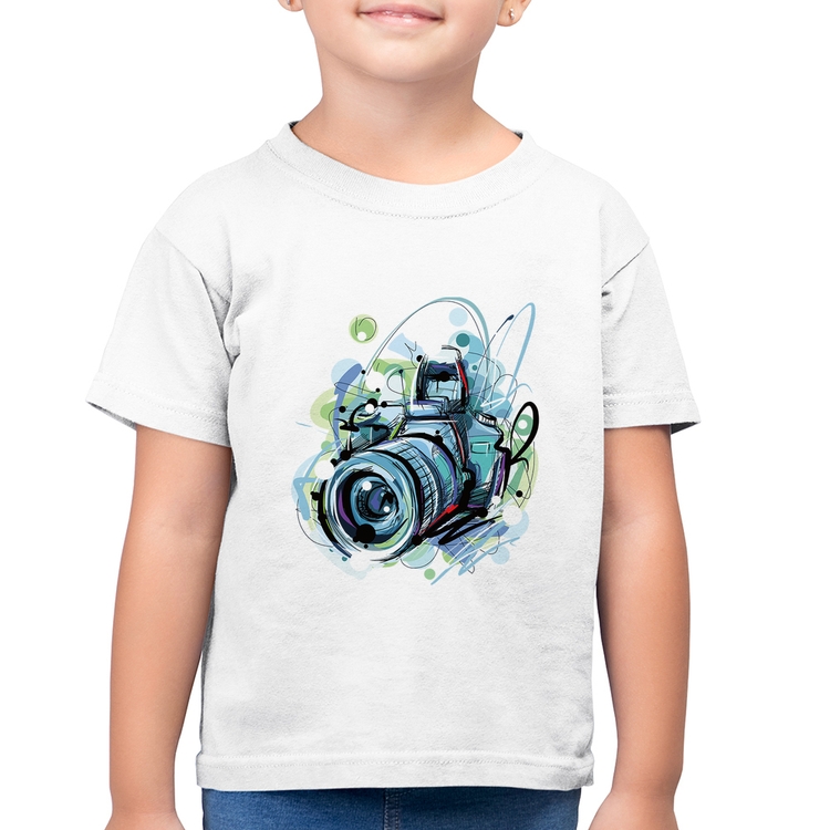Camiseta Algodão Infantil Câmera Fotográfica - Branca