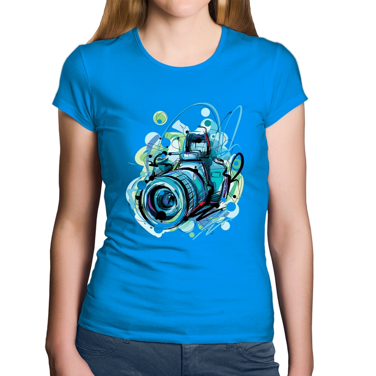 Baby Look Algodão Câmera Fotográfica - Azul