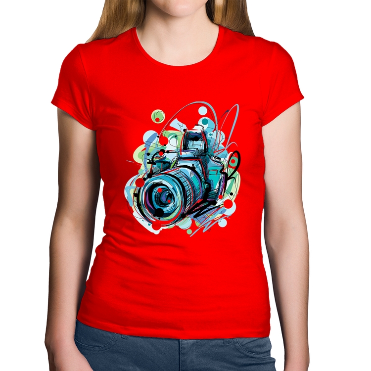 Baby Look Algodão Câmera Fotográfica - Vermelha