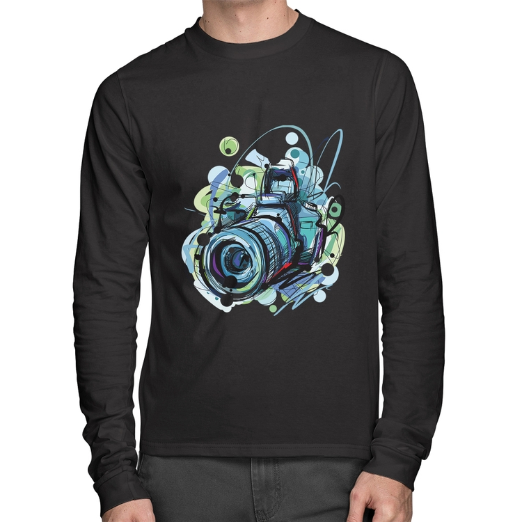 Camiseta Algodão Câmera Fotográfica Manga Longa