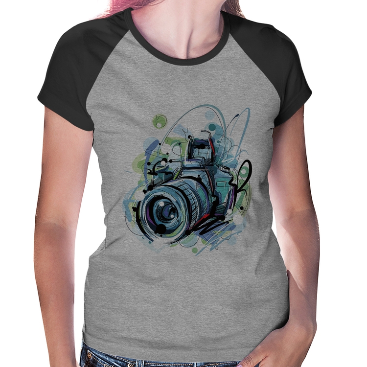 Baby Look Raglan Câmera Fotográfica - Cinza/Preto