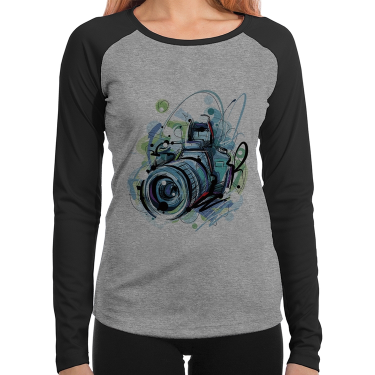 Baby Look Raglan Câmera Fotográfica Manga Longa - Cinza/Preto