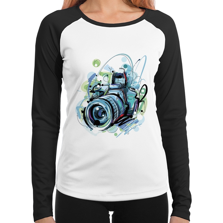 Baby Look Raglan Câmera Fotográfica Manga Longa
