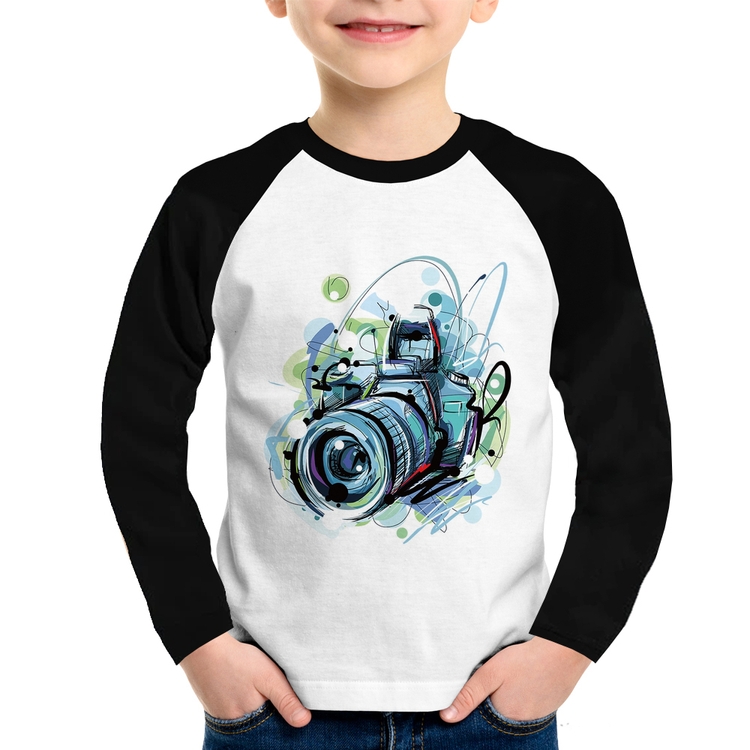 Camiseta Raglan Infantil Câmera Fotográfica Manga Longa