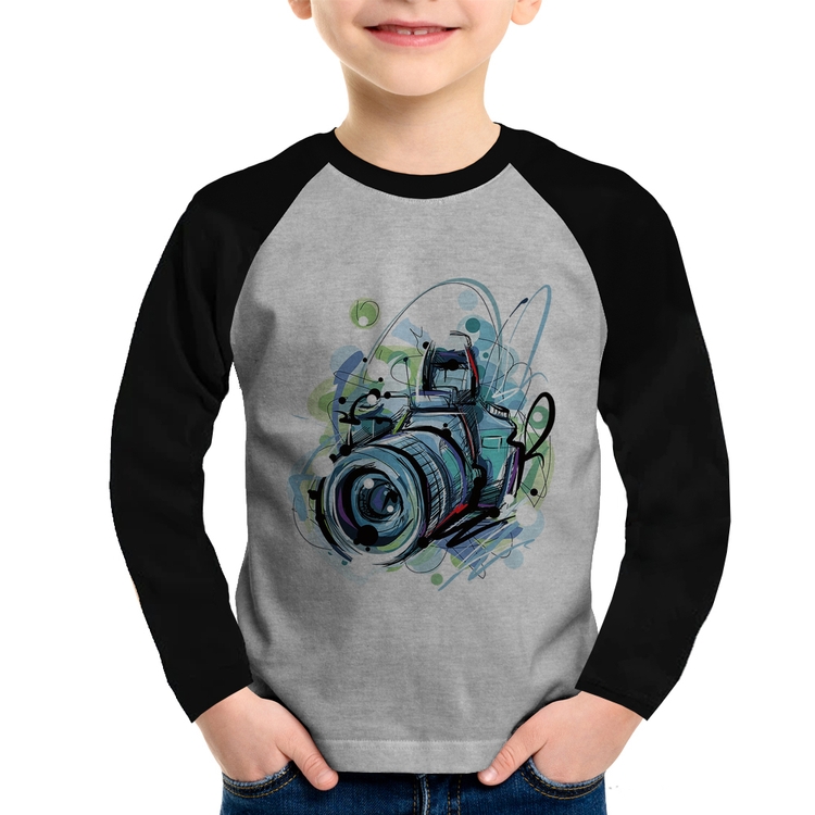 Camiseta Raglan Infantil Câmera Fotográfica Manga Longa - Cinza/Preto