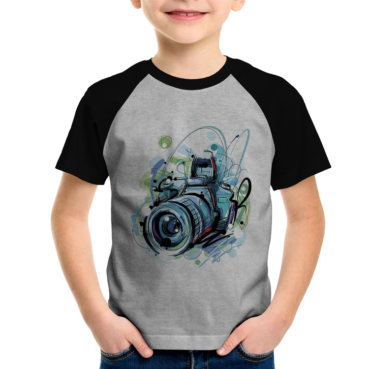 Camiseta Raglan Infantil Câmera Fotográfica - Cinza/Preto