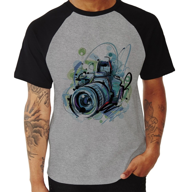 Camiseta Raglan Câmera Fotográfica - Cinza/Preto