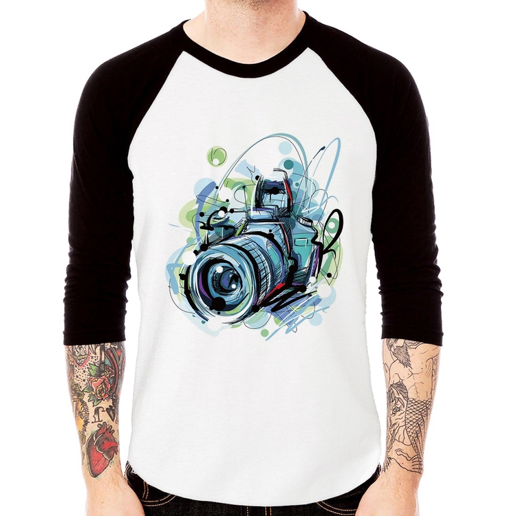 Camiseta Raglan Câmera Fotográfica Manga 3/4