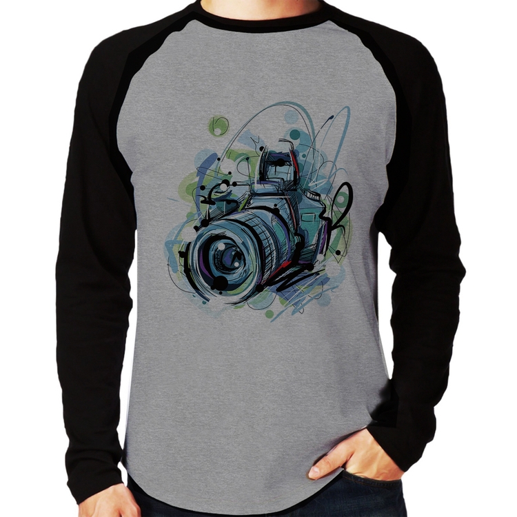 Camiseta Raglan Câmera Fotográfica Manga Longa - Cinza/Preto