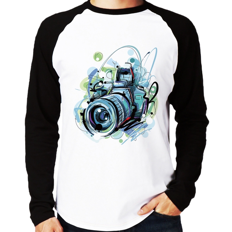 Camiseta Raglan Câmera Fotográfica Manga Longa