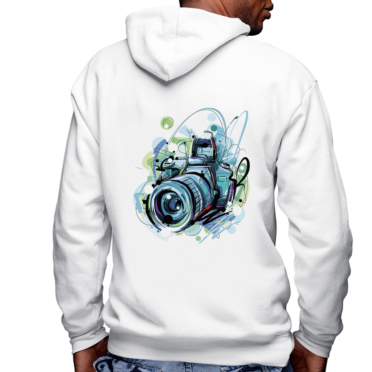 Blusa Moletom Câmera Fotográfica Masculina com Capuz e Zíper - Branca