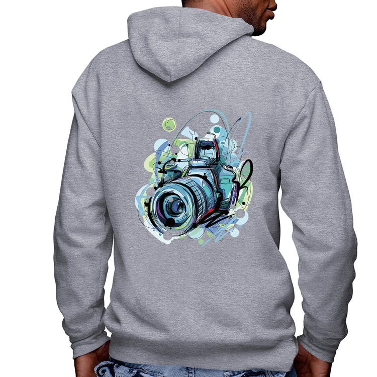 Blusa Moletom Câmera Fotográfica Masculina com Capuz e Zíper - Mescla