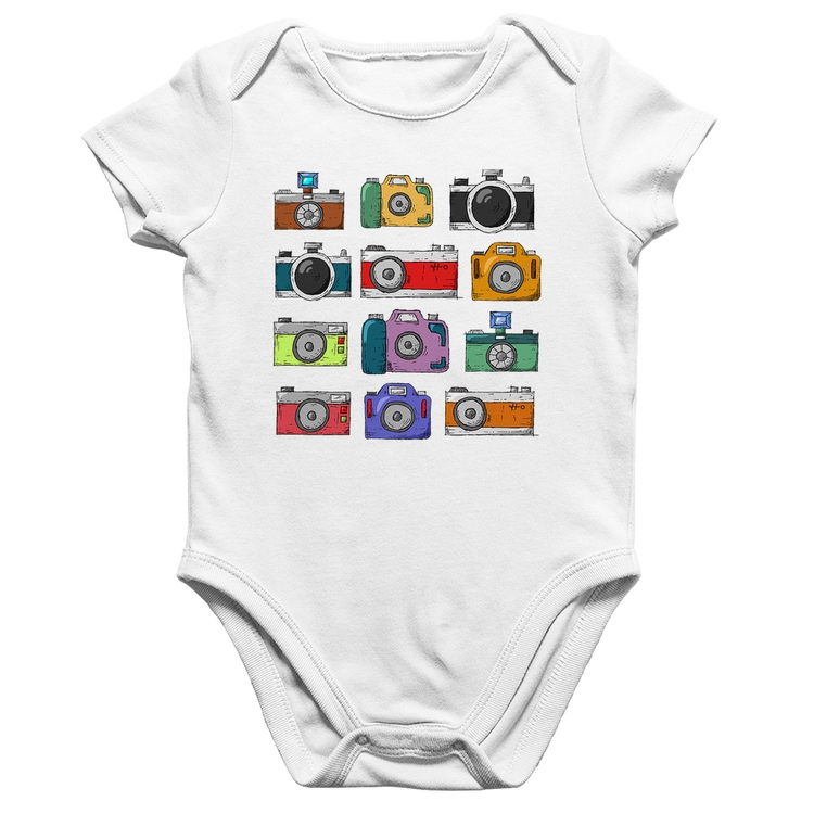 Body Bebê Algodão Câmeras Retrô - Branco