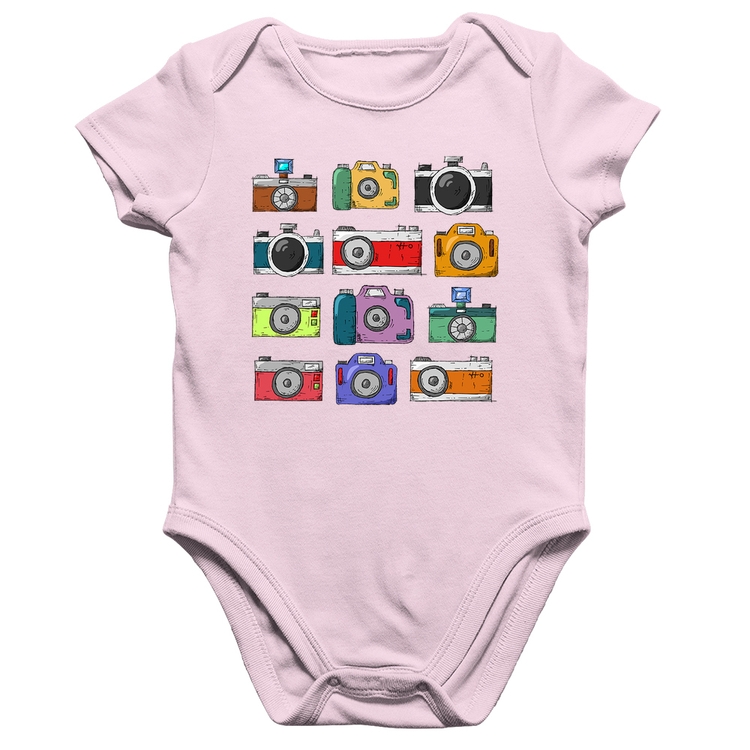 Body Bebê Algodão Câmeras Retrô - Rosa Bebê
