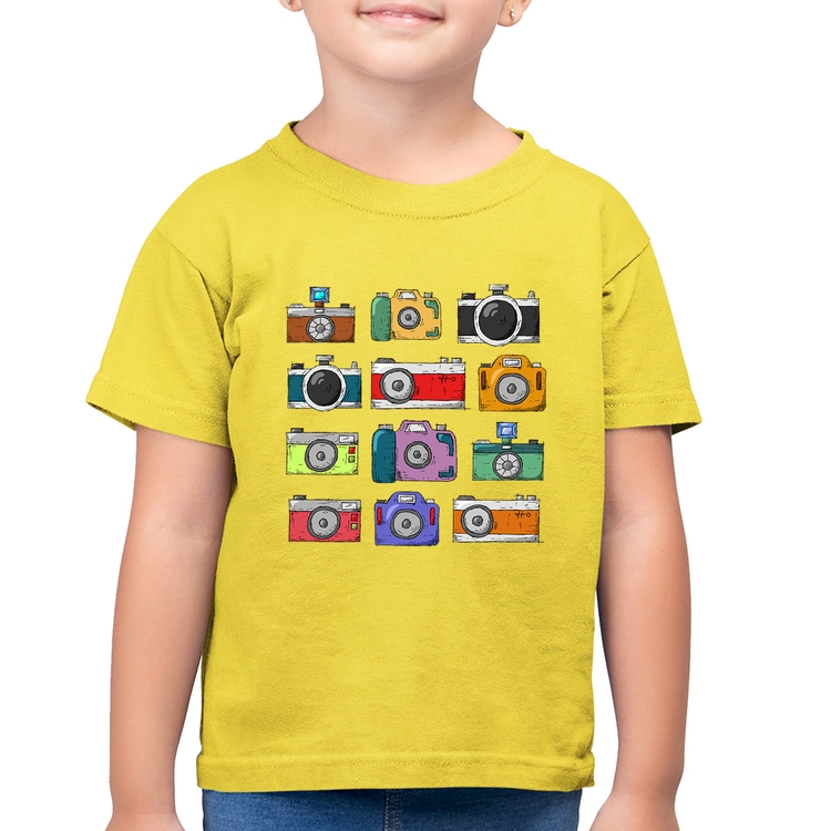 Camiseta Algodão Infantil Câmeras Retrô - Amarelo Canário