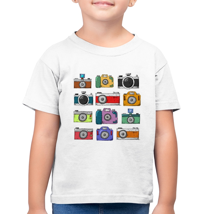 Camiseta Algodão Infantil Câmeras Retrô - Branca