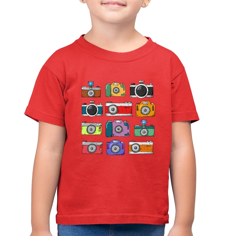 Camiseta Algodão Infantil Câmeras Retrô - Vermelha