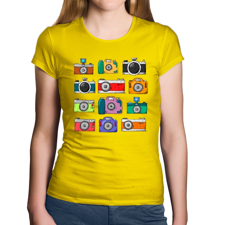 Baby Look Algodão Câmeras Retrô - Amarela