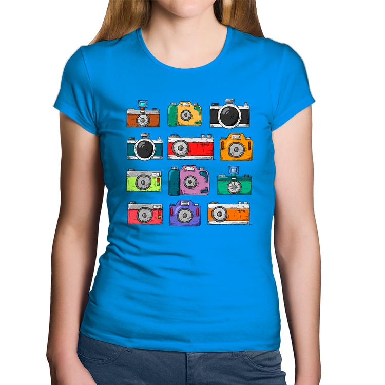 Baby Look Algodão Câmeras Retrô - Azul