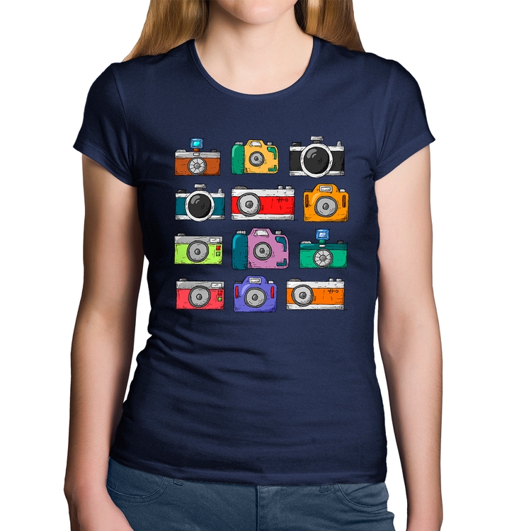 Baby Look Algodão Câmeras Retrô - Marinho