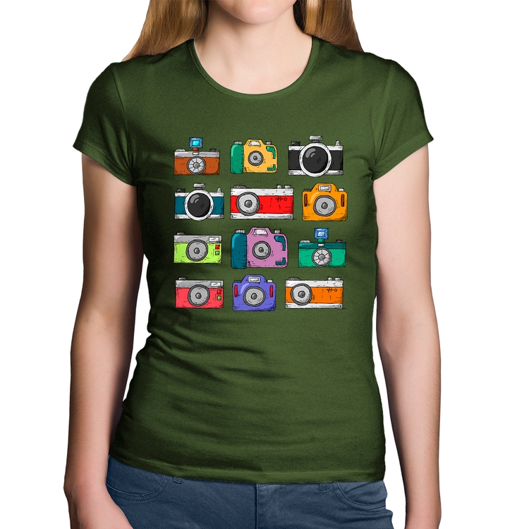 Baby Look Algodão Câmeras Retrô - Musgo