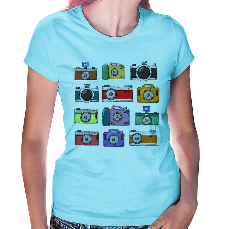 Baby Look Câmeras Retrô - Azul Bebê