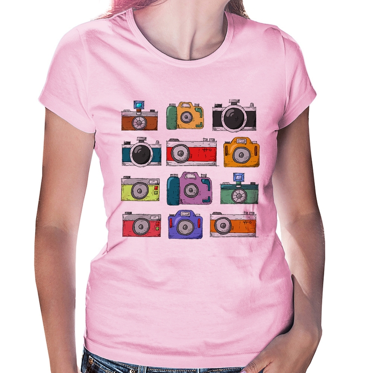 Baby Look Câmeras Retrô - Rosa Bebê