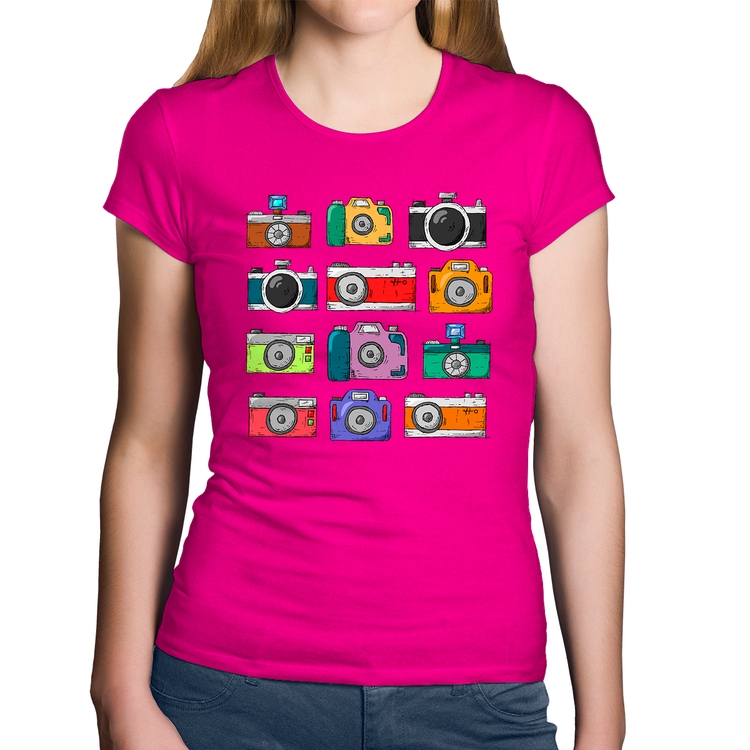 Baby Look Algodão Câmeras Retrô - Rosa