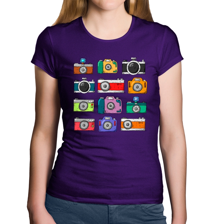 Baby Look Algodão Câmeras Retrô - Roxa