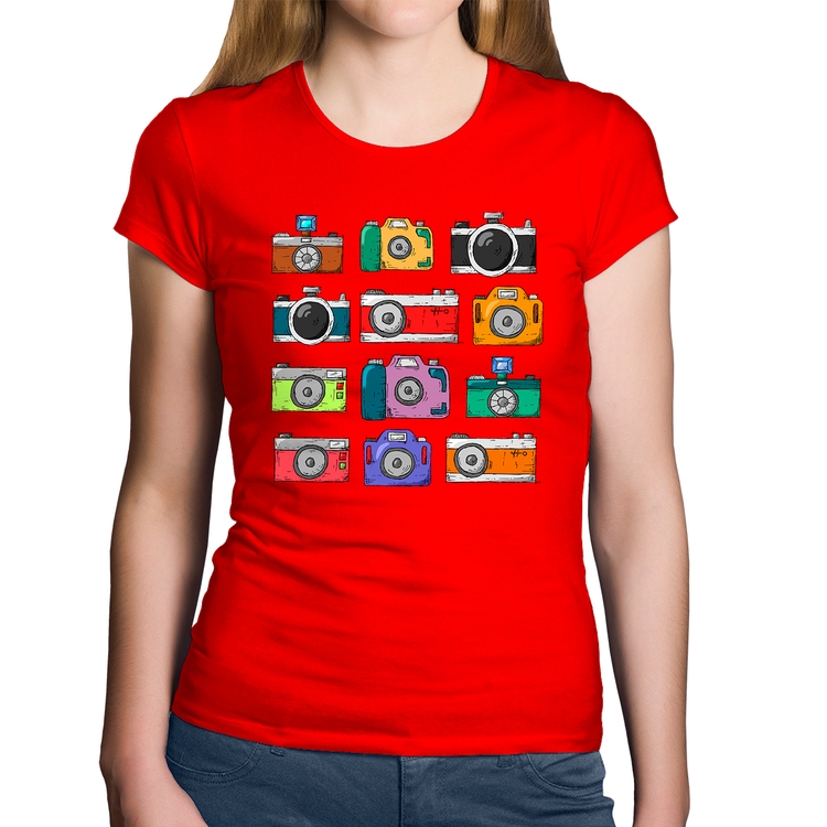 Baby Look Algodão Câmeras Retrô - Vermelha