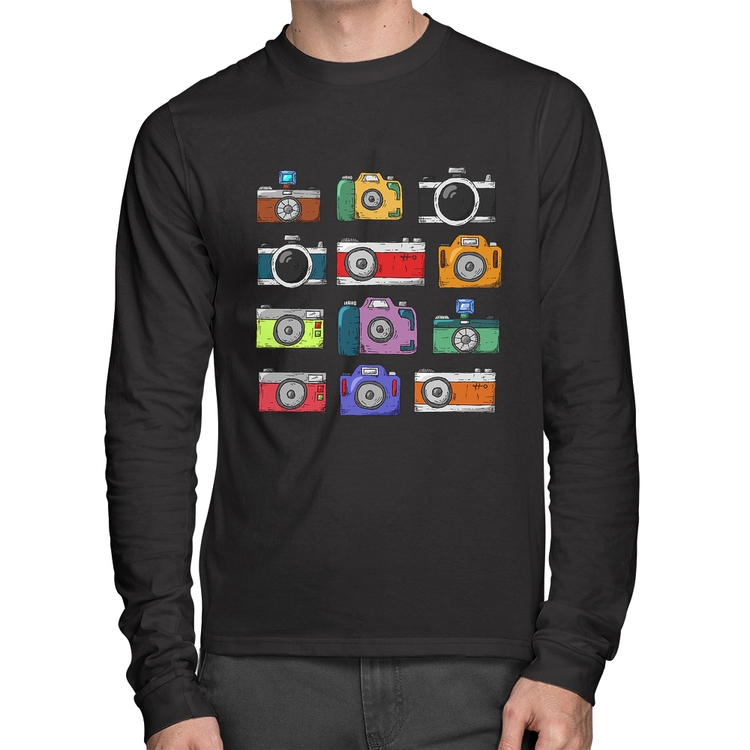 Camiseta Algodão Câmeras Retrô Manga Longa