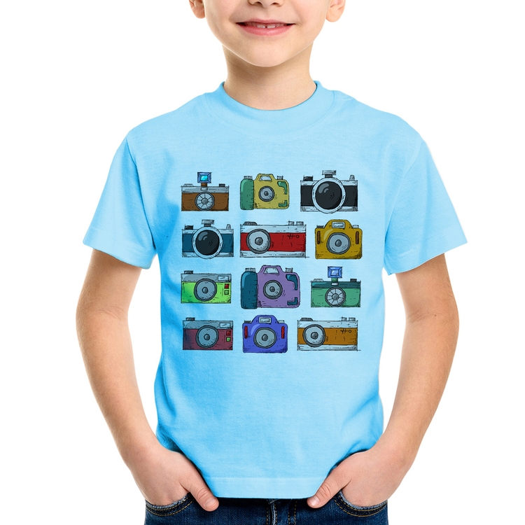 Camiseta Infantil Câmeras Retrô - Azul Bebê