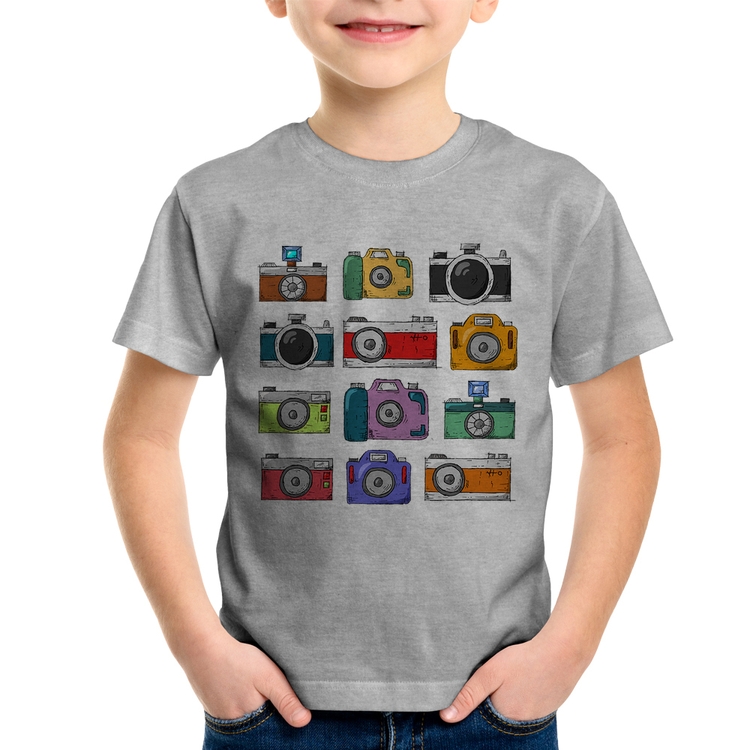 Camiseta Infantil Câmeras Retrô - Cinza