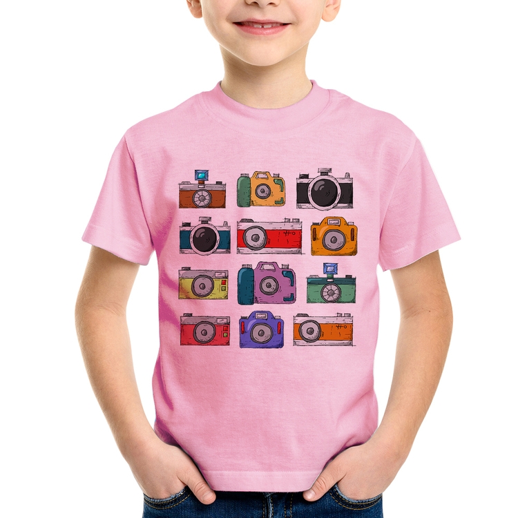 Camiseta Infantil Câmeras Retrô - Rosa Bebê