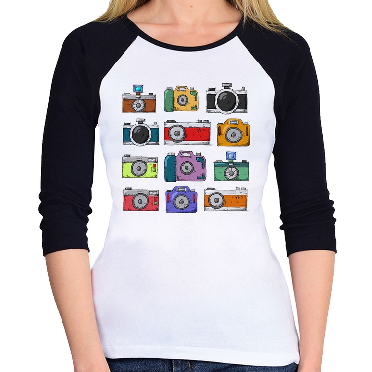 Baby Look Raglan Câmeras Retrô Manga 3/4