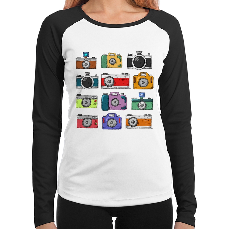 Baby Look Raglan Câmeras Retrô Manga Longa