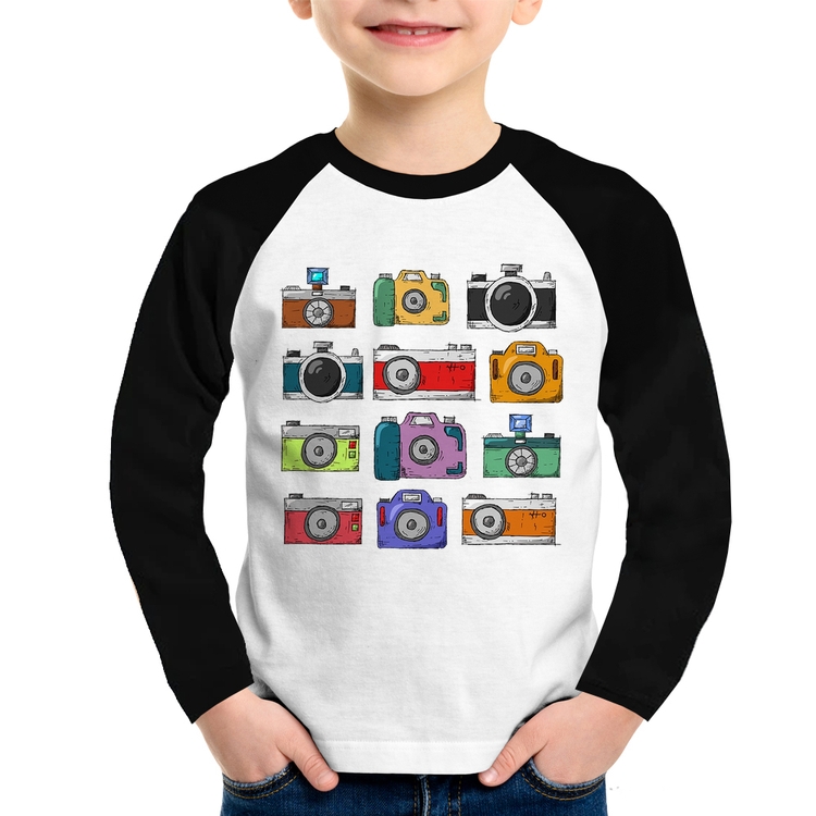 Camiseta Raglan Infantil Câmeras Retrô Manga Longa