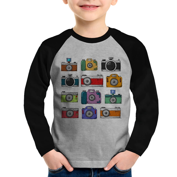 Camiseta Raglan Infantil Câmeras Retrô Manga Longa - Cinza/Preto