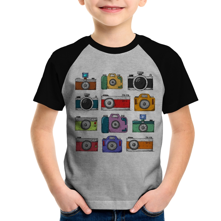 Camiseta Raglan Infantil Câmeras Retrô - Cinza/Preto