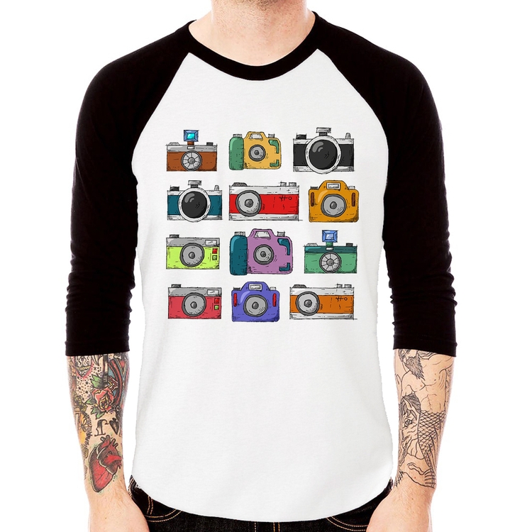 Camiseta Raglan Câmeras Retrô Manga 3/4