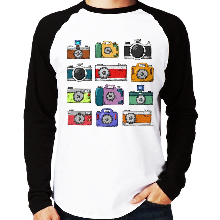 Camiseta Raglan Câmeras Retrô Manga Longa