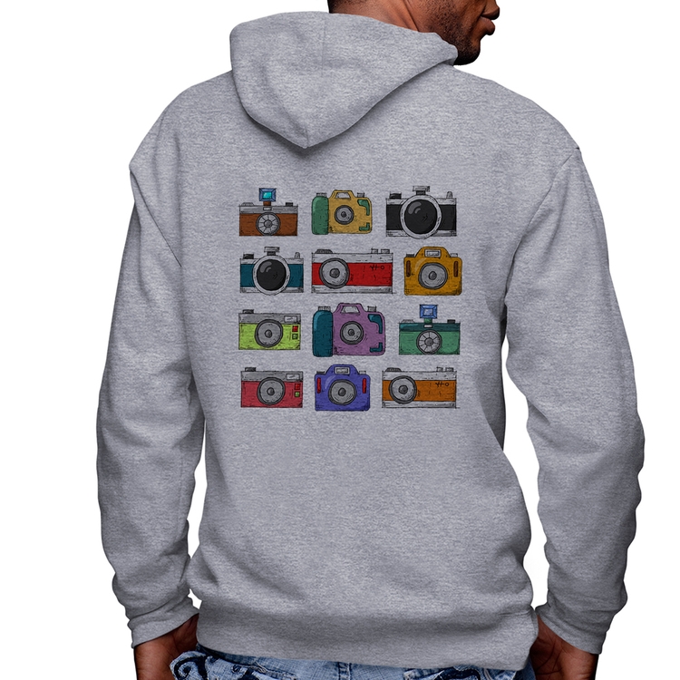 Blusa Moletom Câmeras Retrô Masculina com Capuz e Zíper - Mescla