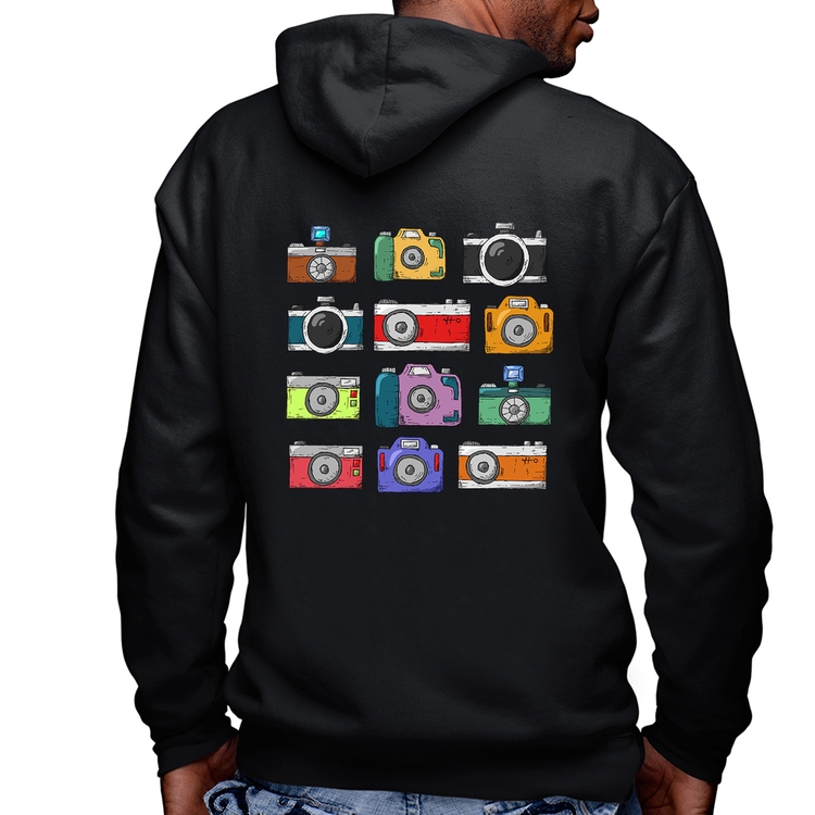 Blusa Moletom Câmeras Retrô Masculina com Capuz e Zíper