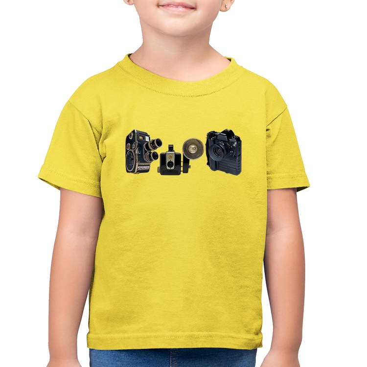 Camiseta Algodão Infantil Câmeras Vintage - Amarelo Canário